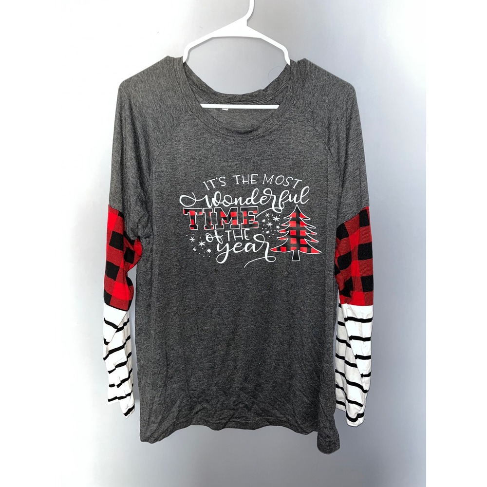 Christmas Graphic Raglan Top XL Grey Buffalo Plaid Striped Long Sleeve Tee